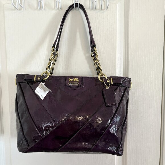 Coach Madison Diagonal Pleated Patent Leather Tote Bag Handbag 21300 Violet NEW - Picture 1 of 11